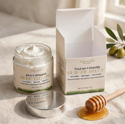 Whipped beef tallow jar with carton box, dollop on jar lid