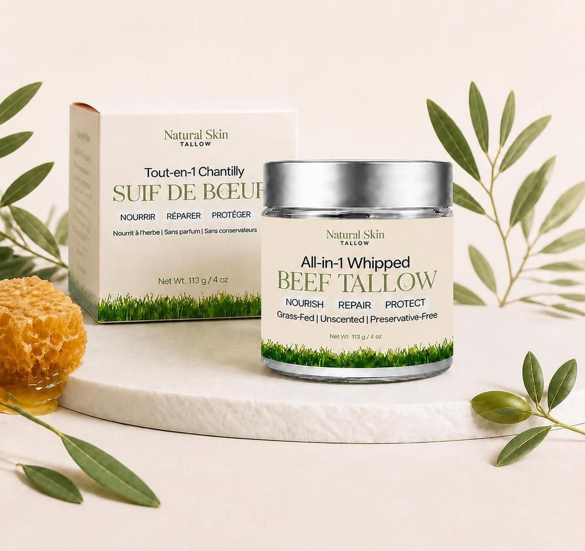 All-in-1 whipped beef tallow jar with matching carton box on a surface