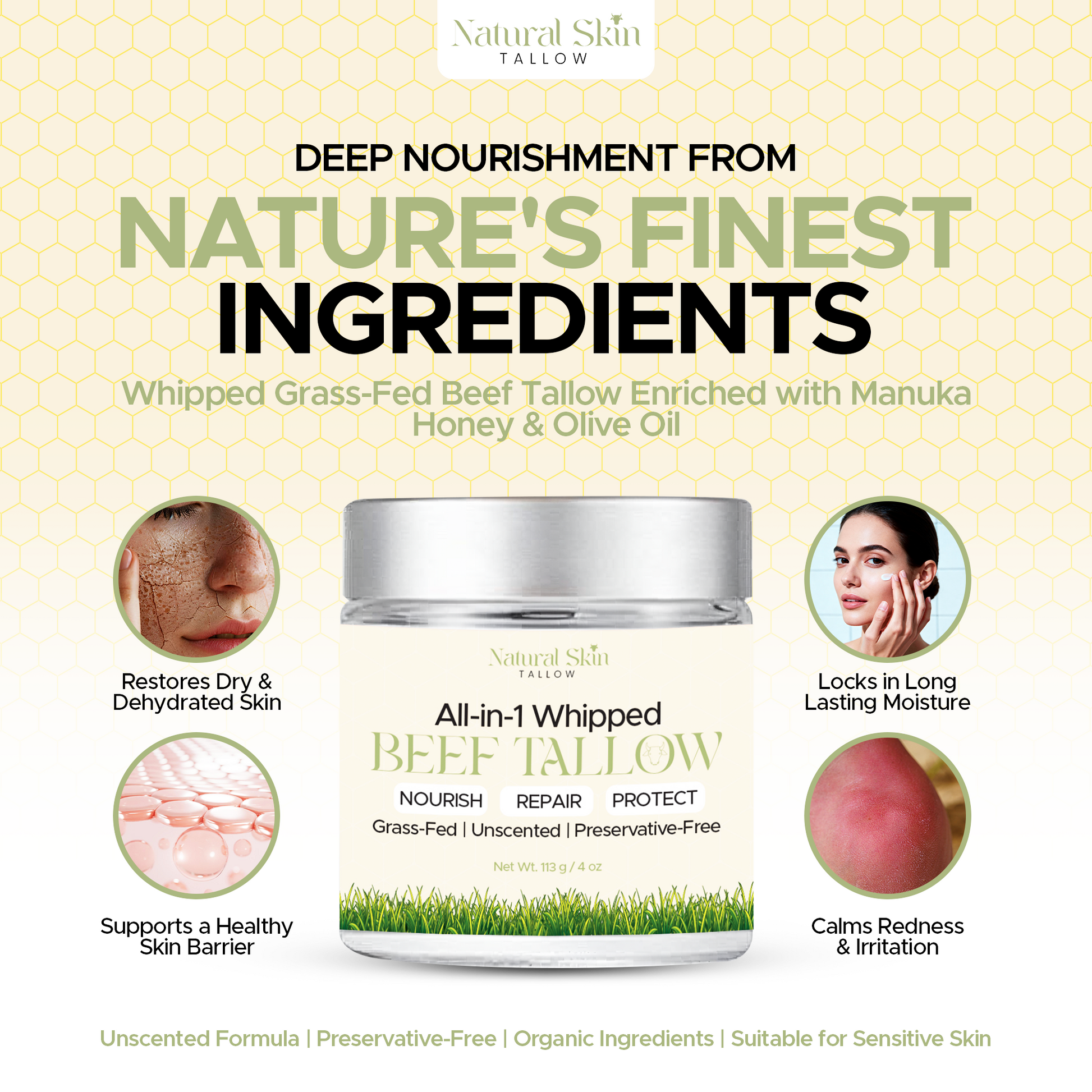 Whipped beef tallow cosmetic jar with silver top and centered Natural Skin Tallow label