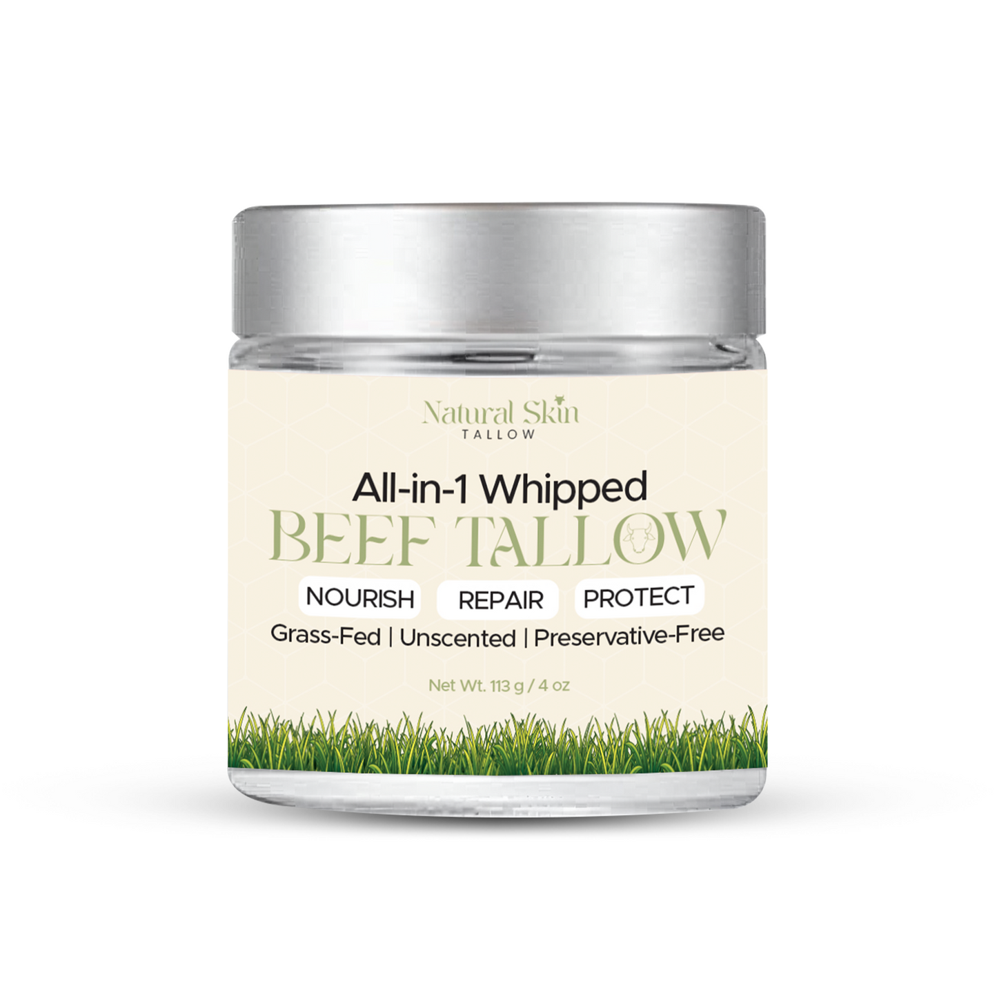 All-in-1 Whipped Beef Tallow jar with silver lid and beige Grass-Fed label, Natural Skin Tallow