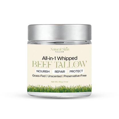 All-in-1 Whipped Beef Tallow jar with silver lid and beige Grass-Fed label, Natural Skin Tallow